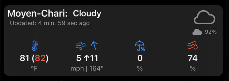 Weathercaster current conditions card showing temperature and weather summary